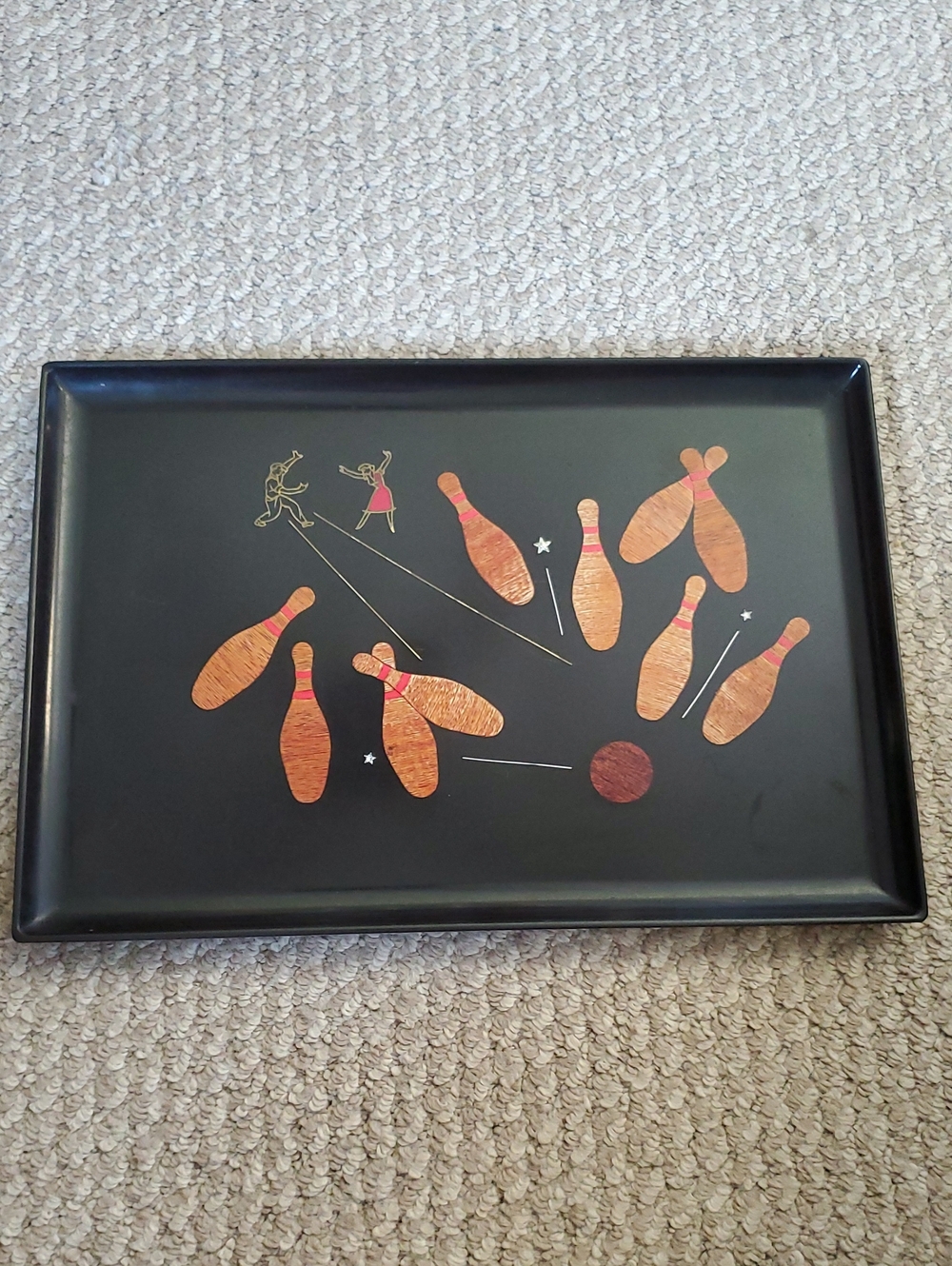 Vintage Bowling Pin Decorative Tray in Black with Wood-Tone Pins